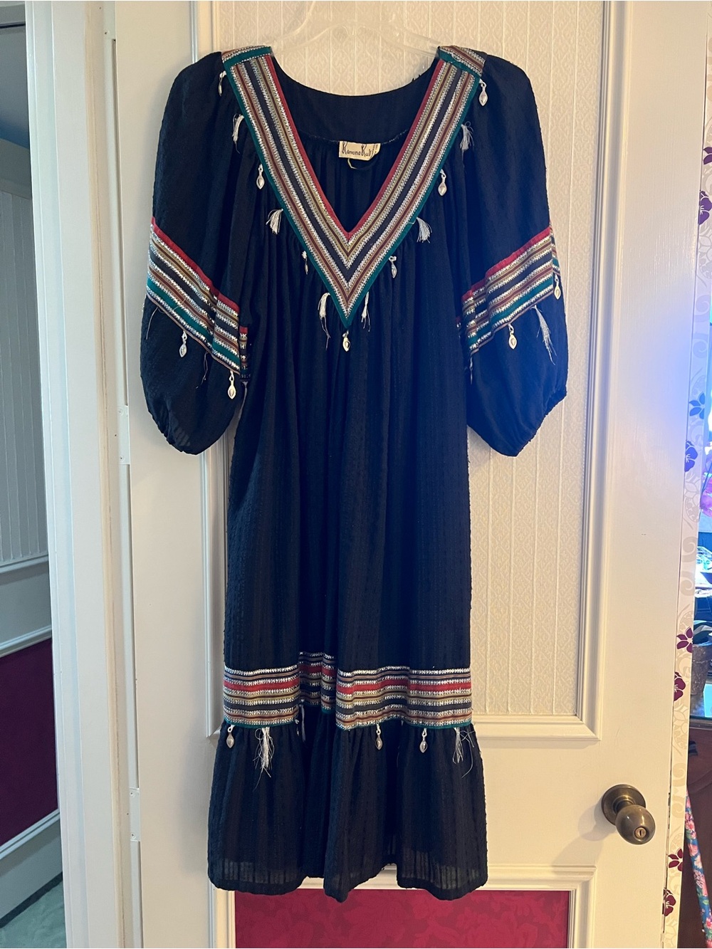 Black Long-Sleeve Embroidered Boho Midi Dress